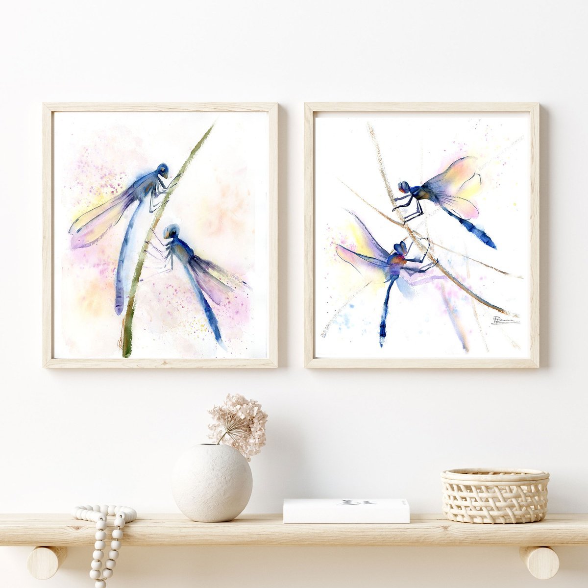 Impressionistic Animal Watercolour By Olga Tchefranov (Shefranov), 22 X 13", Dragonflies Diptych, Original Artwork