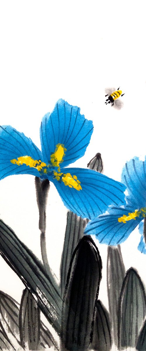 Blue Sky Irises and Honey Bees by Ilana Shechter
