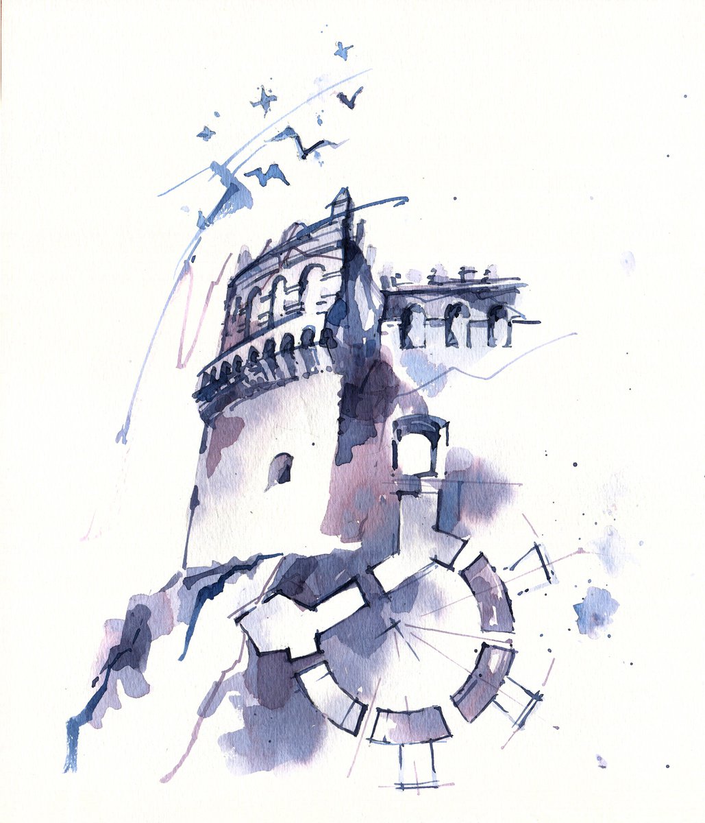 Dramatic architectural sketch Castle in blue-gray tones - Original watercolor painting by Ksenia Selianko