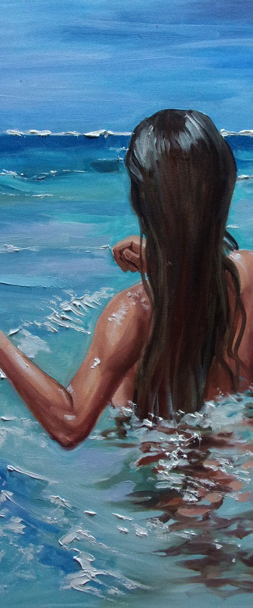" BIG BLUE ... " original painting SEA summer GIFT sea swimming by Monika Luniak