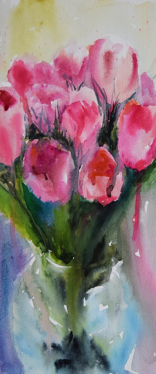 Pink tulips watercolor painting, flower wall art, floral bouquet gift for her by Kate Grishakova