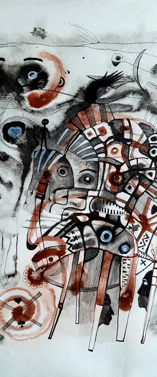 Everyday conversatione, watercolour on paper by Ulugbek Doschanov