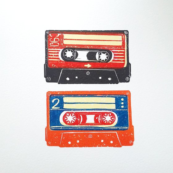 Linocut tapes duo #8 (cassette tapes, retro music, 70's, 80's rock culture)