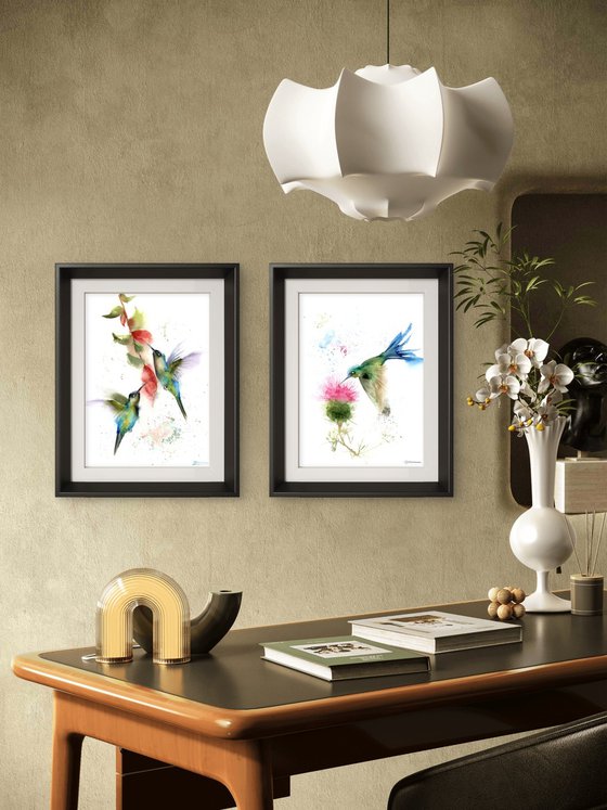 Hummingbirds And Flower -  Diptych