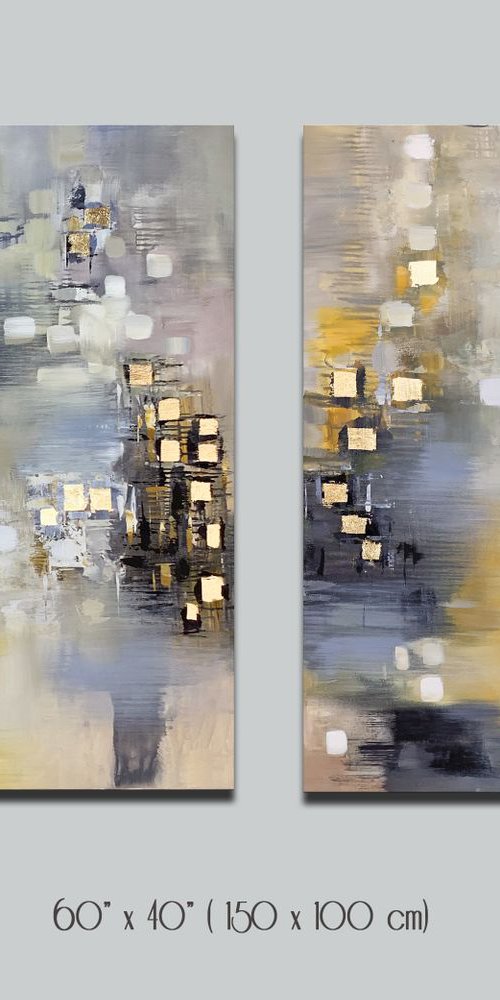 Neutral Elements - Abstract Painting Set of Two Paintings, Multi Panel Abstract, ORIGINAL Painting, Gold Leaf Painting, Black and Gold, Large Art by Lana Guise