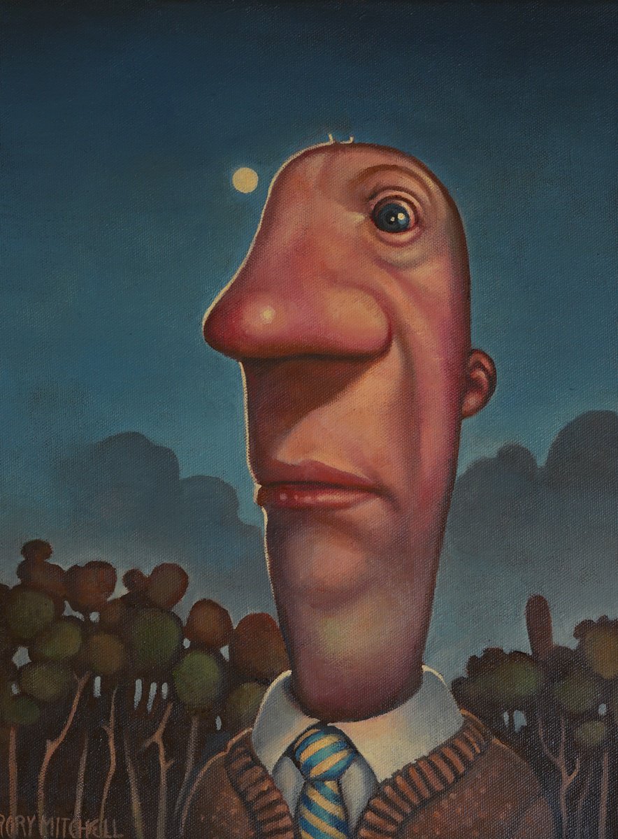 Naive Oil Painting , A Moon Lovingly Obsessed With A Wee Man By Rory Mitchell, 12 X 16, Artwork For Sale On Artfinder