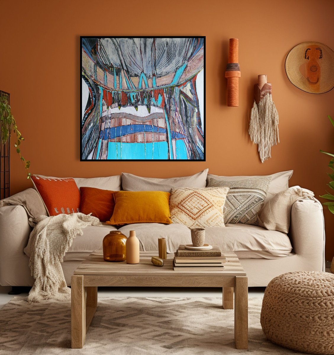 Organic Abstract Acrylic Painting By Loretta Kaltenhauser, 36 X 36", War Bonnet, Original Artwork