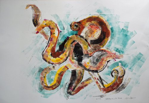 Octopus with Blue monoprint by Michelle Parsons