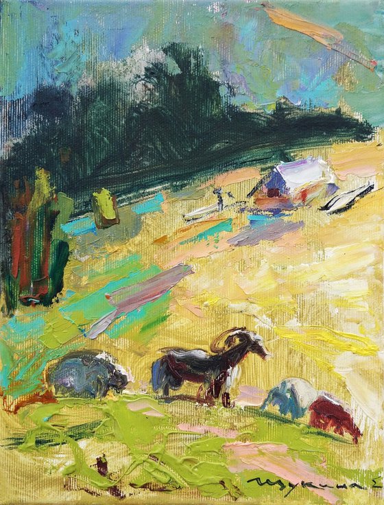 Sheep in the meadow | Little study | Original oil painting