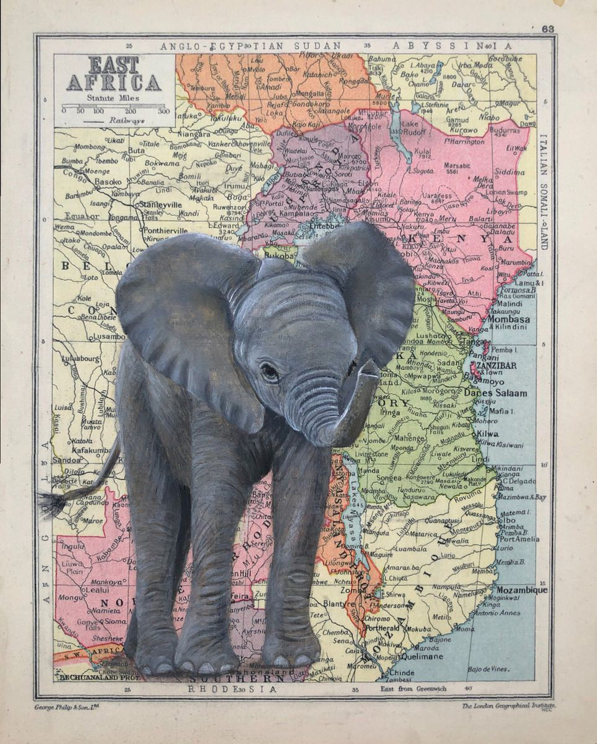 Baby Elephant On Vintage East Africa Map Artfinder
