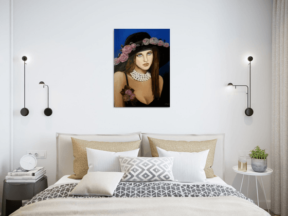Lady with hat - portrait-oil painting- home decor