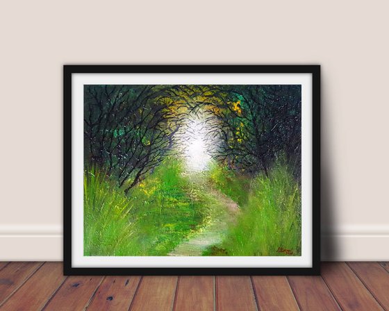Enchanted forest II - landscape on stretched canvas, ready to hang, unique frothing technique, 50x40cm