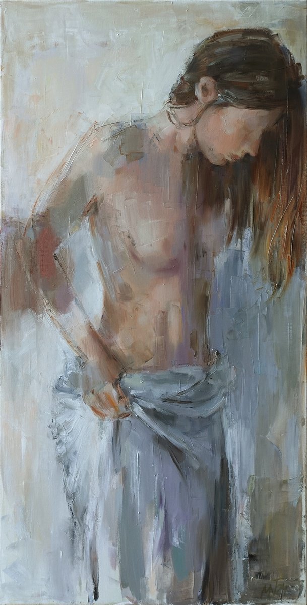 Expressive Portrait Oil Painting By Nelina Trubach-Moshnikova, 20 X 39", Dressing Up 2, Original Artwork