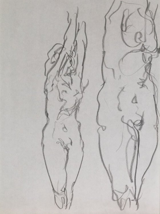 Sketch study of feminine nude - drawing on paper - small size 24X32cm