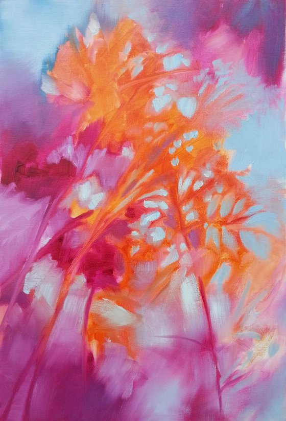 Abstract floral in pink orange and blue grey - oil painting