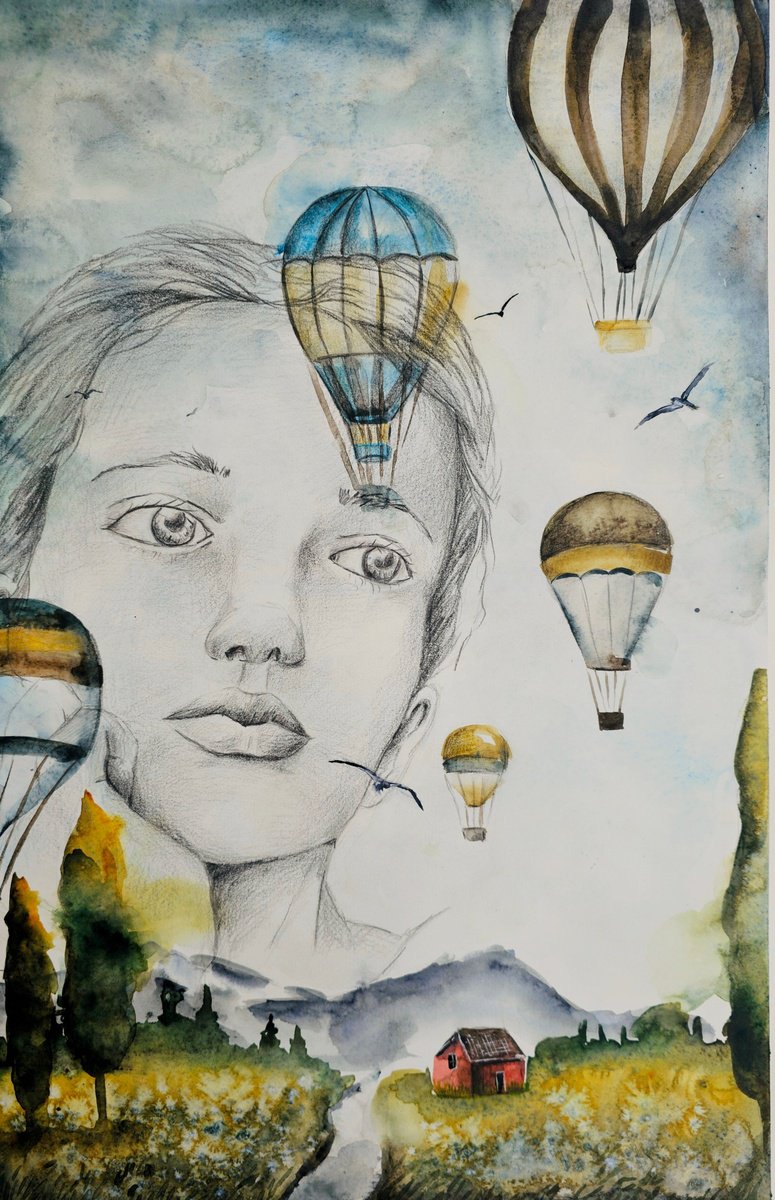 Surrealistic Portrait Watercolour By Evgenia Smirnova, 15 X 22, Always Dream!, Original Artwork