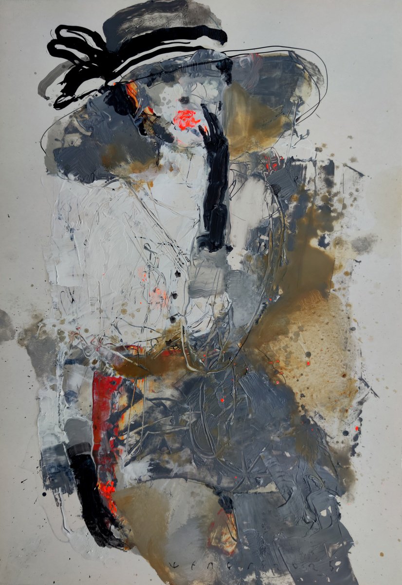 Expressive Portrait Oil Painting By Victor Sheleg, 14 X 20", Hurrying Lady, Original Artwork