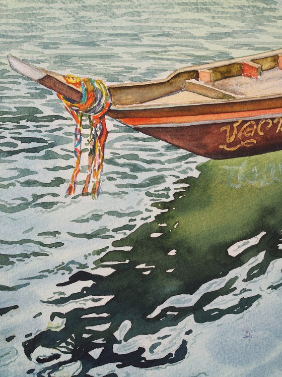 Traditional thai boat - original seascape watercolor reflection