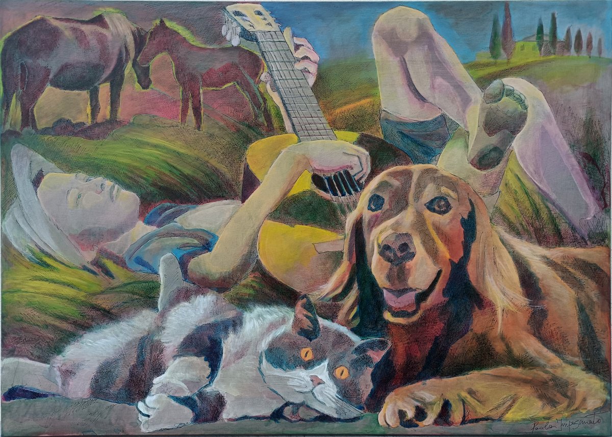 Expressive Portrait Acrylic Painting By Paola Imposimato, 28 X 20", In The Countryside Among The Notes, Original Artwork