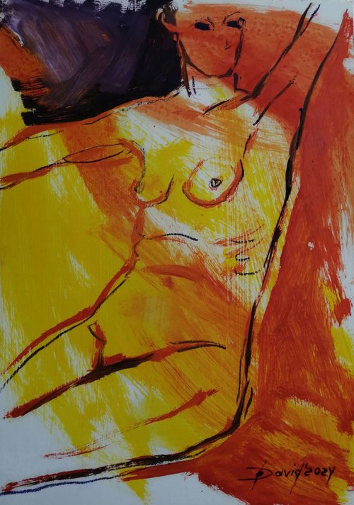 Nude yellow study women oil on paper by Olga David