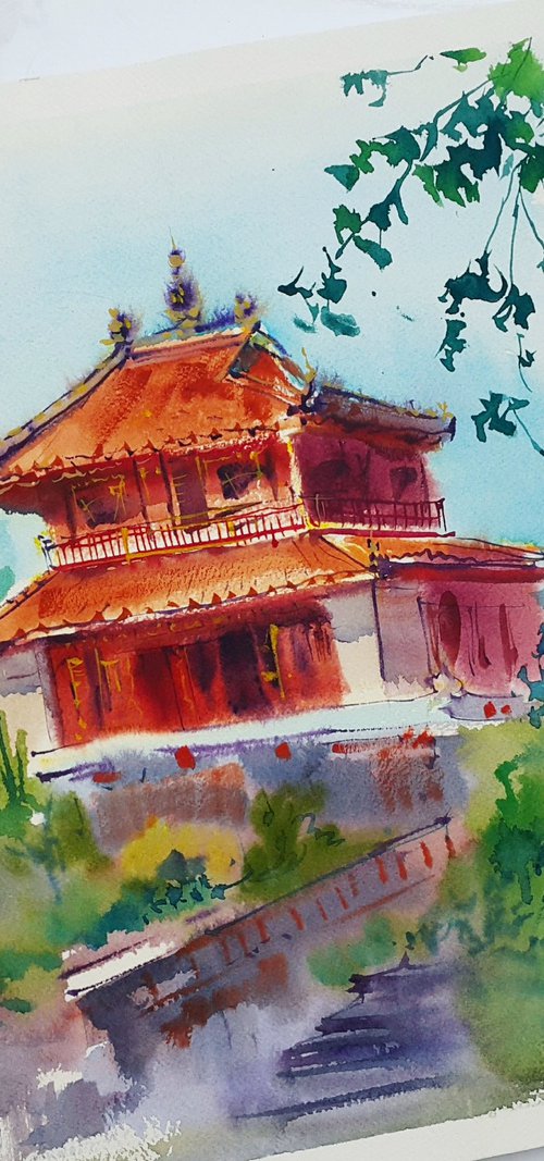 Watercolor landscape. Pagoda by Mariana Briukhanova