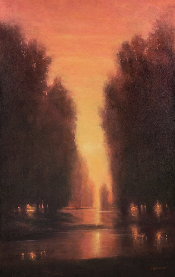 Glowing Reflections, Innes style impressionist sunset landscape