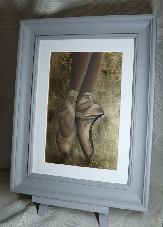 Ballerina on Pointe, 24K Gold Leaf, Ballet Shoes Painting, Framed Figurative Oil Artwork by Alex Jabore