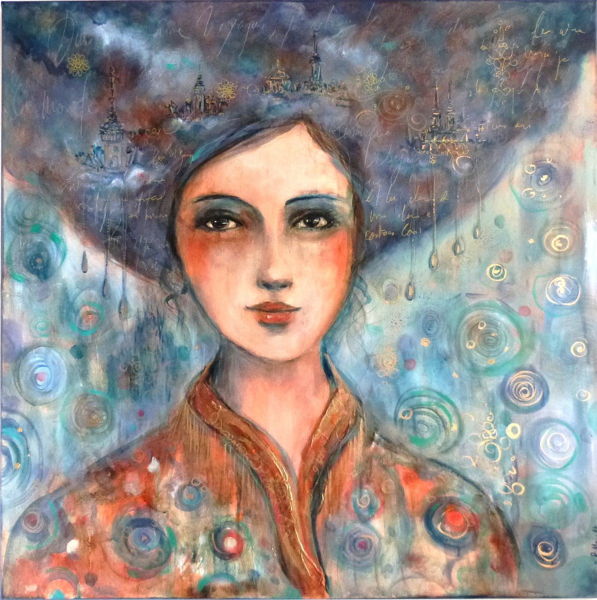 Illustrative Portrait Acrylic Painting By Loetitia Pillault, 31 X 31", Les Contrees Secretes, Original Artwork