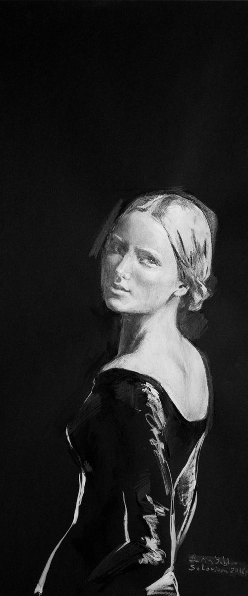 Renaissance girl portrait in black - minimalistic, modern, mixed media drawing. Realistic and illustrative. by Daria Yablon-Soloviova