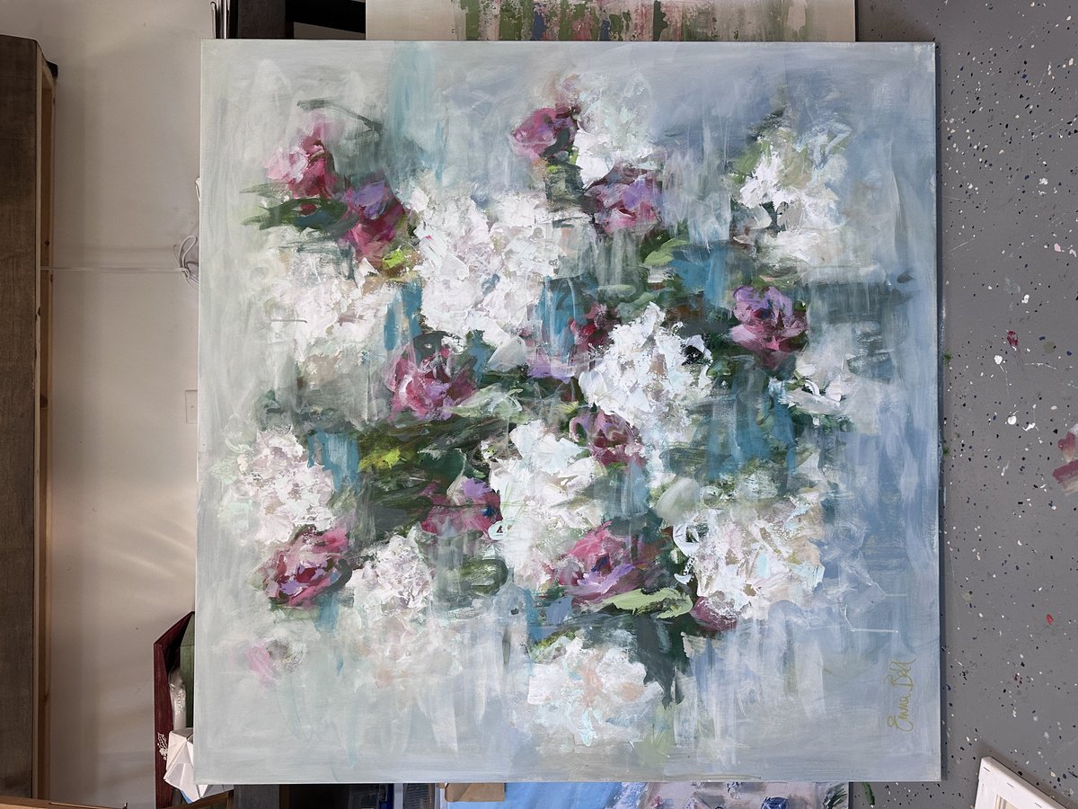 Abstract Acrylic Painting By Emma Bell, 48 X 48, Aqua Floral, Original Artwork