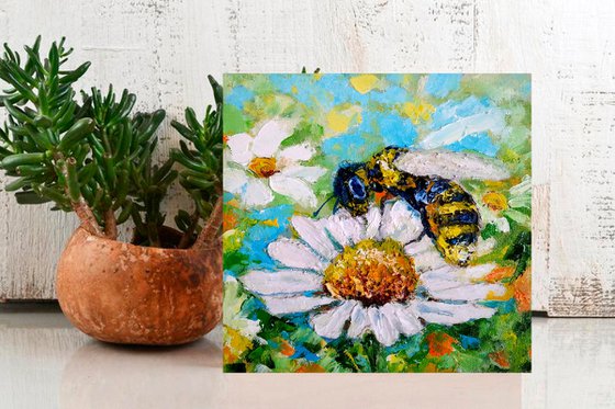 Bee and Daisy, Bee Painting Original Art Daisy Artwork Impasto Small Wall Art