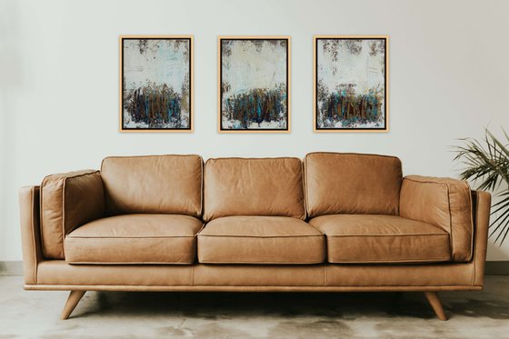 Large Abstract Painting. Modern Blue and Gold Textured Art. Painting with Structures. Triptych