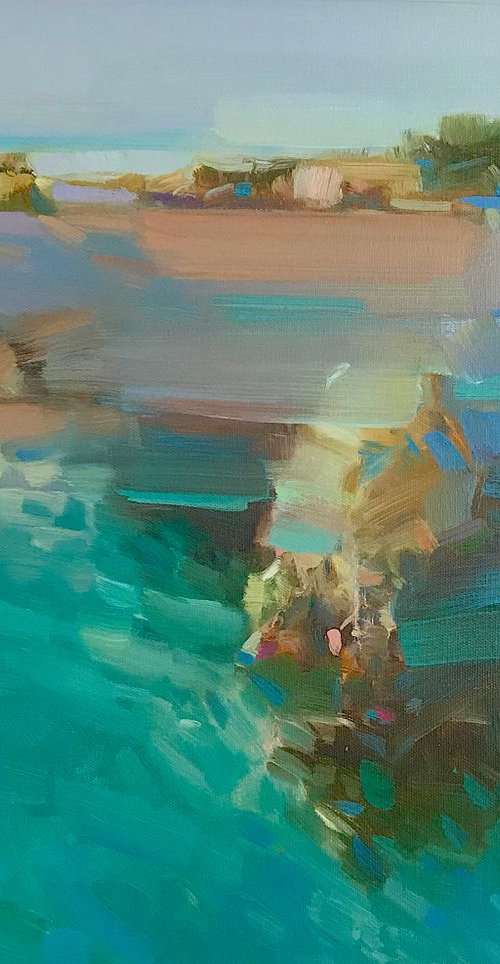Island in Greece, Original oil painting, Handmade artwork by Vahe Yeremyan