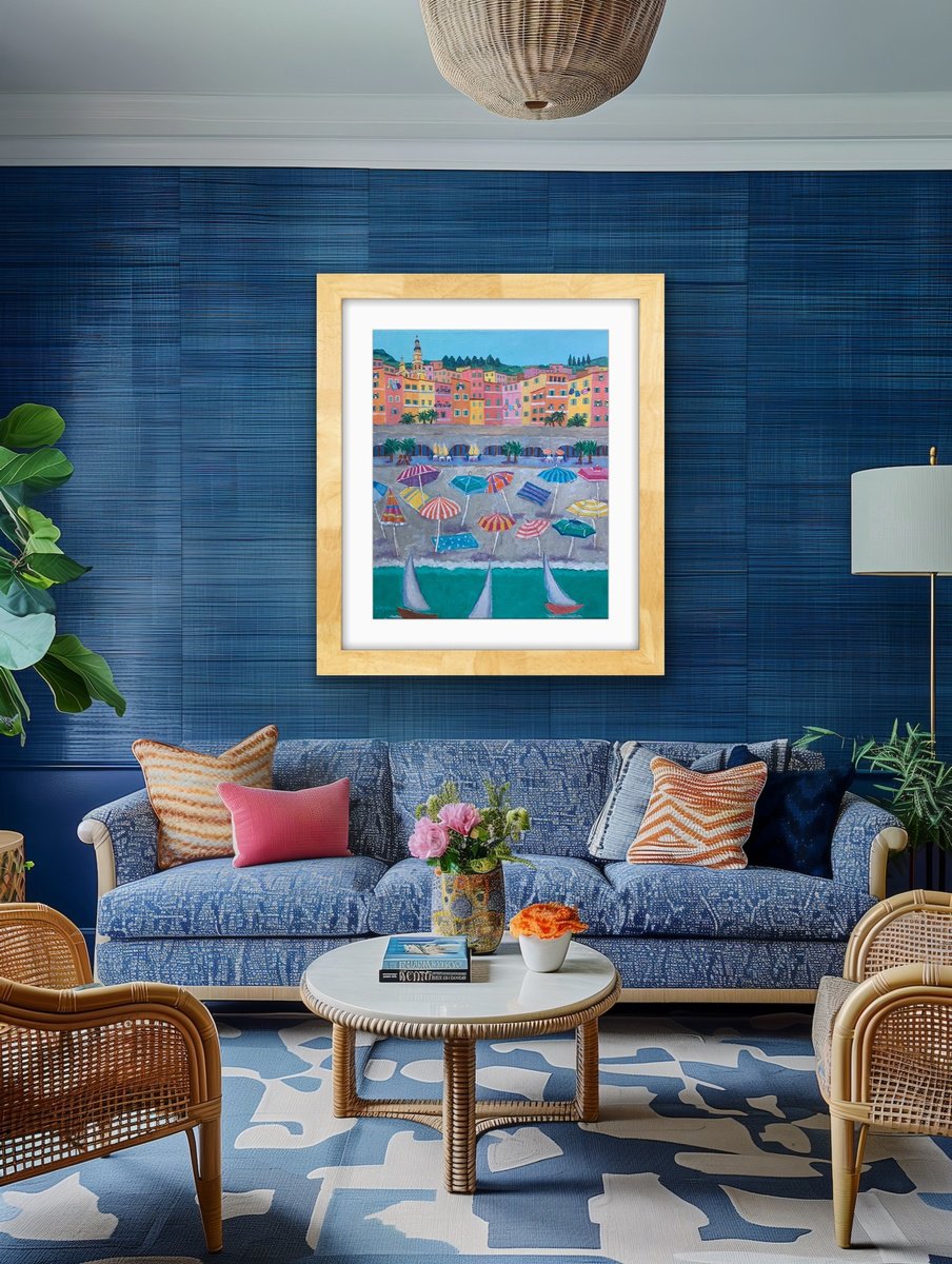 Naive Cityscapes Acrylic Painting By Holly Wojahn, 15 X 18, Parasol Party, Original Artwork