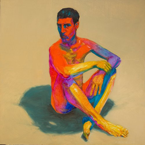modern pop art portrait of a nude man in yellow red blue and ocher by Olivier Payeur