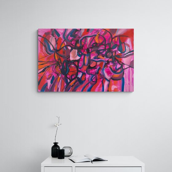 FULL ON- a large scale xxl dynamic red pink expressive abstract painting