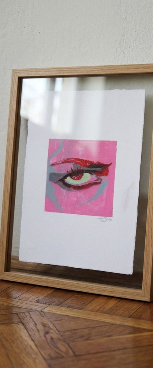 Eye 2 Pop art eyes in a pink square by Iryna Tymkul