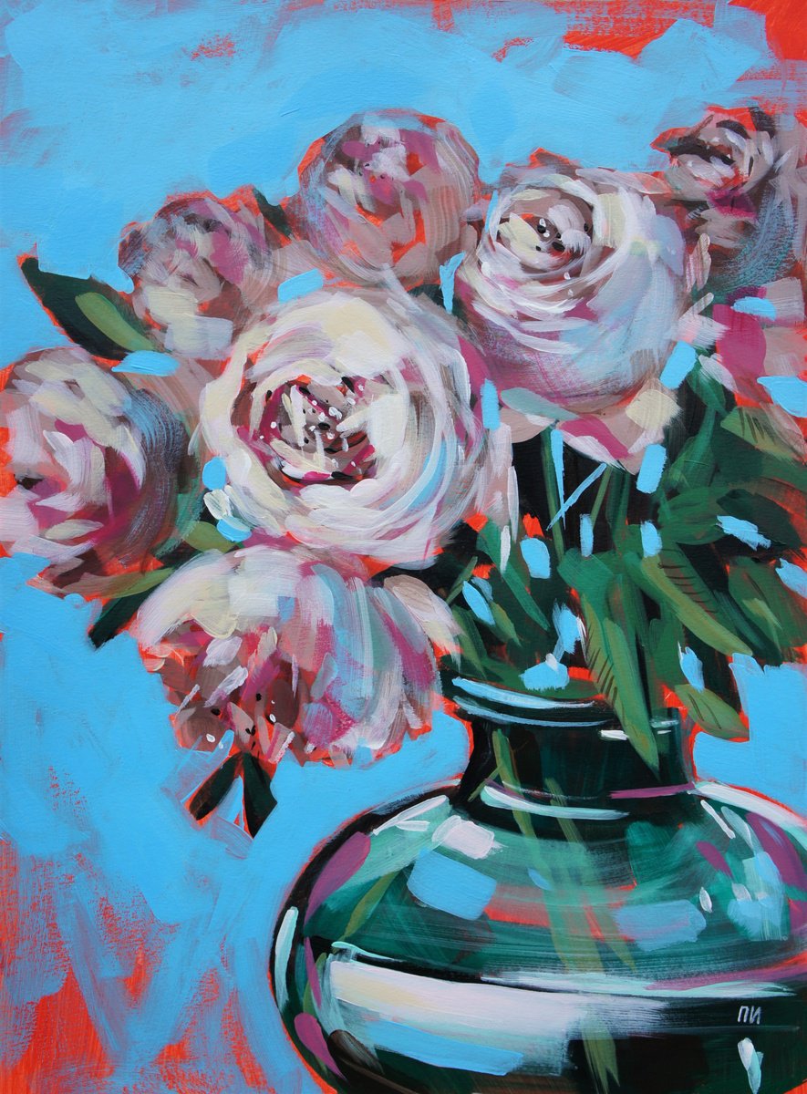 Impressionistic Botanical Acrylic Painting By Irina Plaksina, 12 X 16, Peonies, Original Artwork