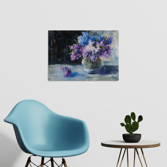 Lilac. Original oil painting. Big size purple dark tones still life bouquet interior impressionistic decor classic