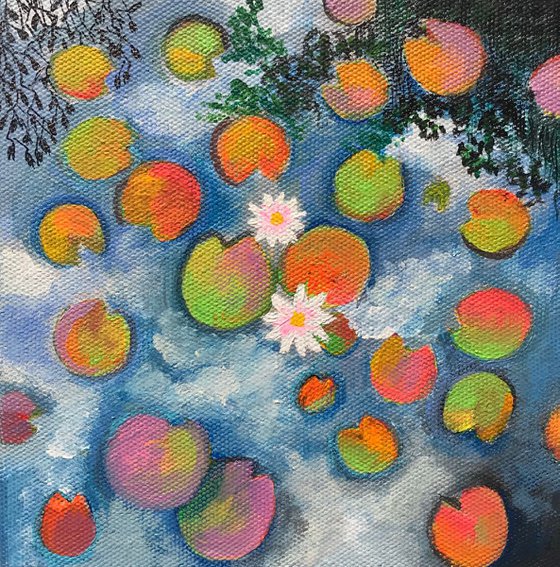 Sky reflections in waterlilies pond! Small Painting!!  Ready to hang