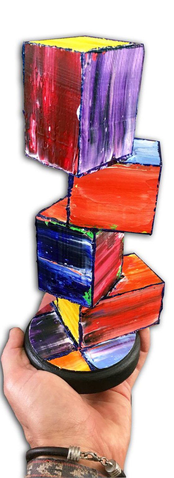 "Blocked Up" - Original PMS Painted Geometrical Wooden Sculpture - 4 x 11 x 4 inches