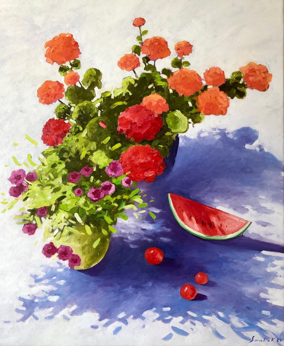 Impressionistic Botanical Oil Painting By Volodymyr Smoliak, 30 X 35", Flowers With Watermelon, Original Artwork
