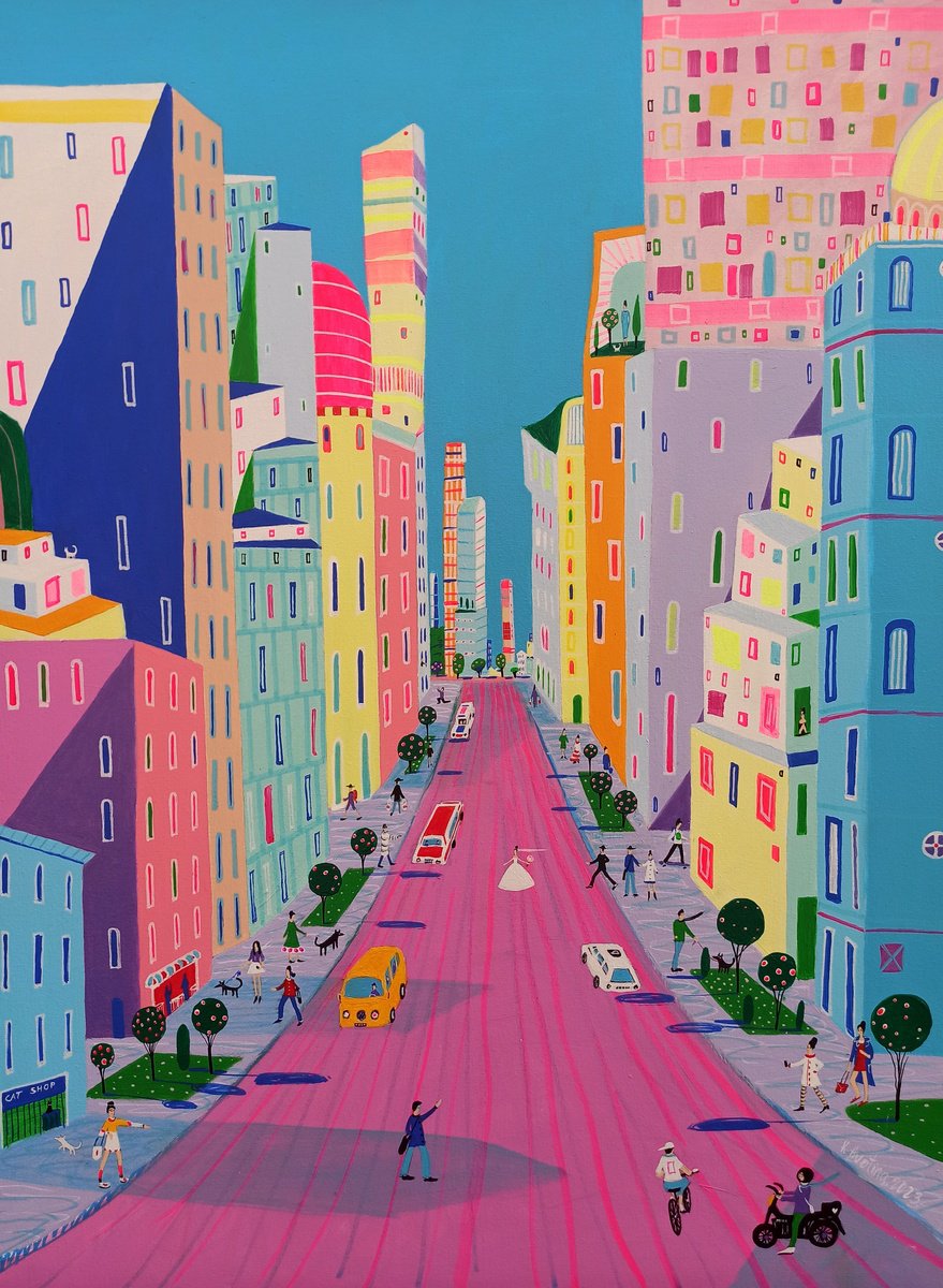 Impressionistic Cityscapes Acrylic Painting By Katrina Avotina, 24 X 31", Bustling On Bourbon Street, Original Artwork