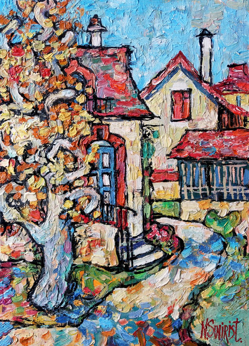 Impressionistic Cityscapes Oil Painting By Nikifor Swiristuhin, 10 X 14", Autumn Plane Tree., Original Artwork