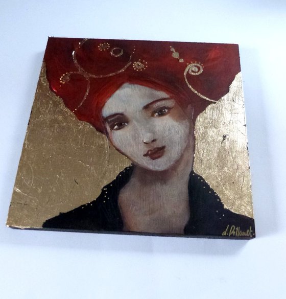"Gold Introspection" woman portrait , gold leaf on wood  20x20cm