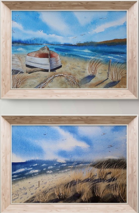 Set of 2. Boat on the beach