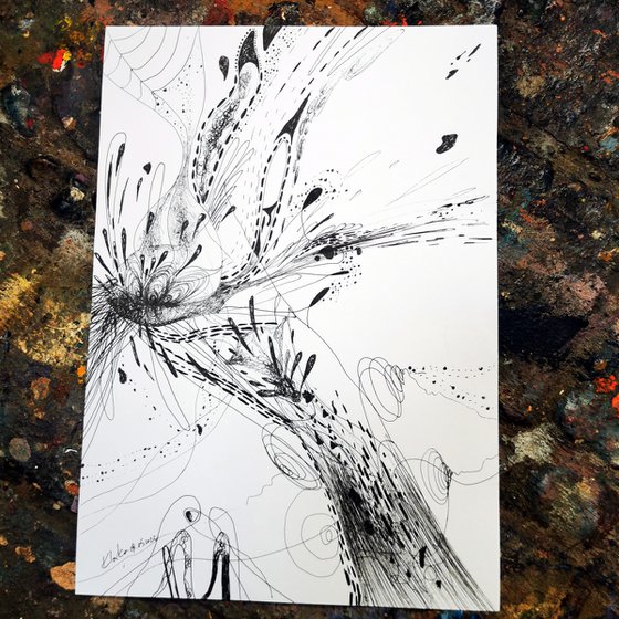 Fascinating spontaneous ink drawing on paper metaphysical stilllife by master O Kloska