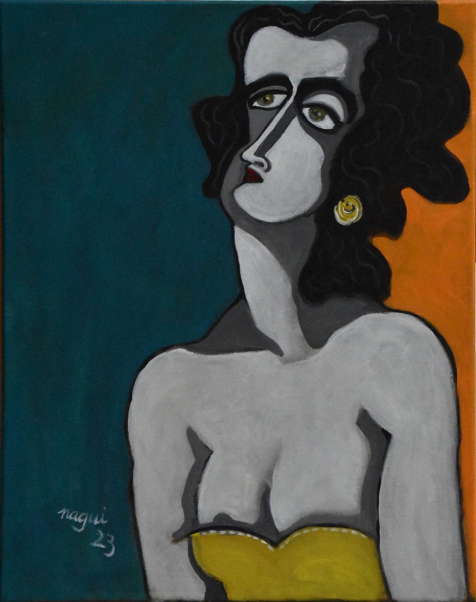 Expressive Portrait Acrylic Painting By Nagui, 16 X 20", Posing Colors 1, Original Artwork