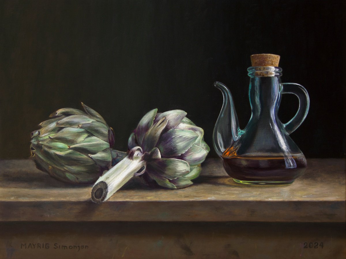 Photorealistic Still Life Oil Painting By Mayrig Simonjan, 16 X 12", Artichoke And Vinagre, Original Artwork