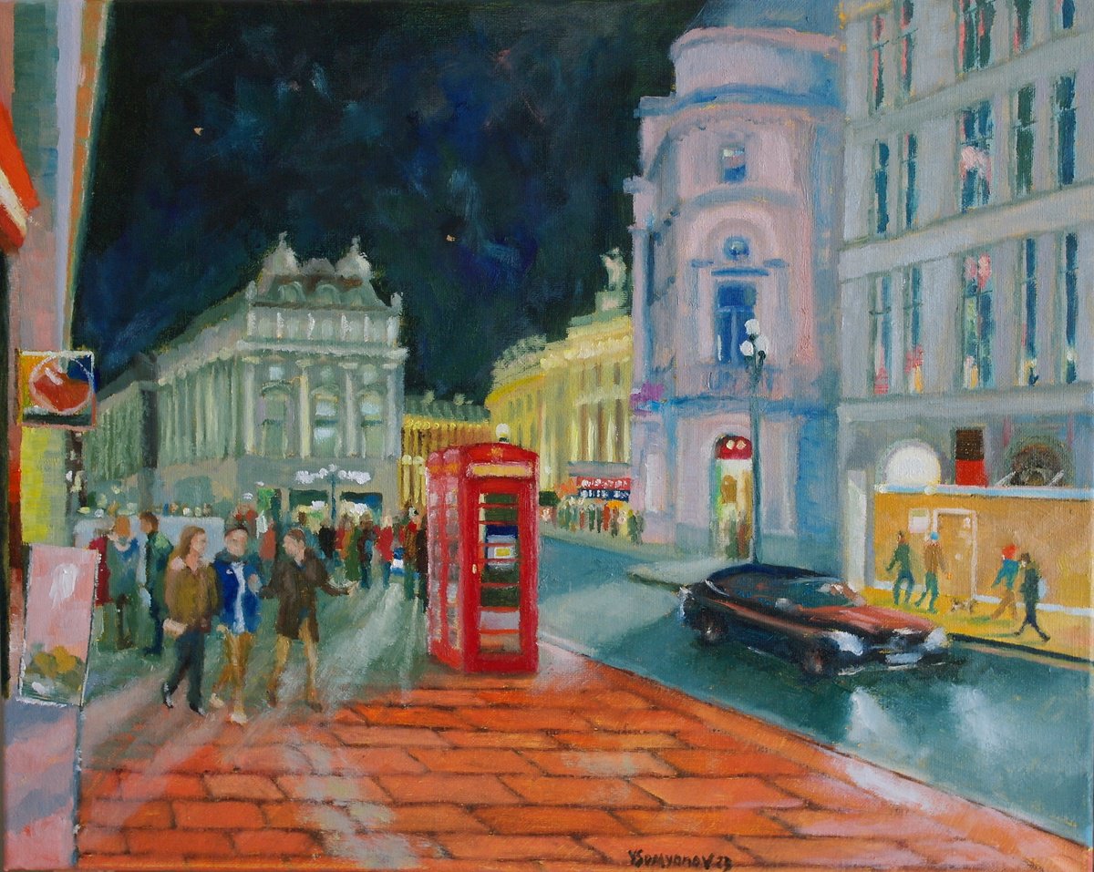 Impressionistic Cityscapes Oil Painting By Juri Semjonov, 20 X 16", London, Night Street, Original Artwork